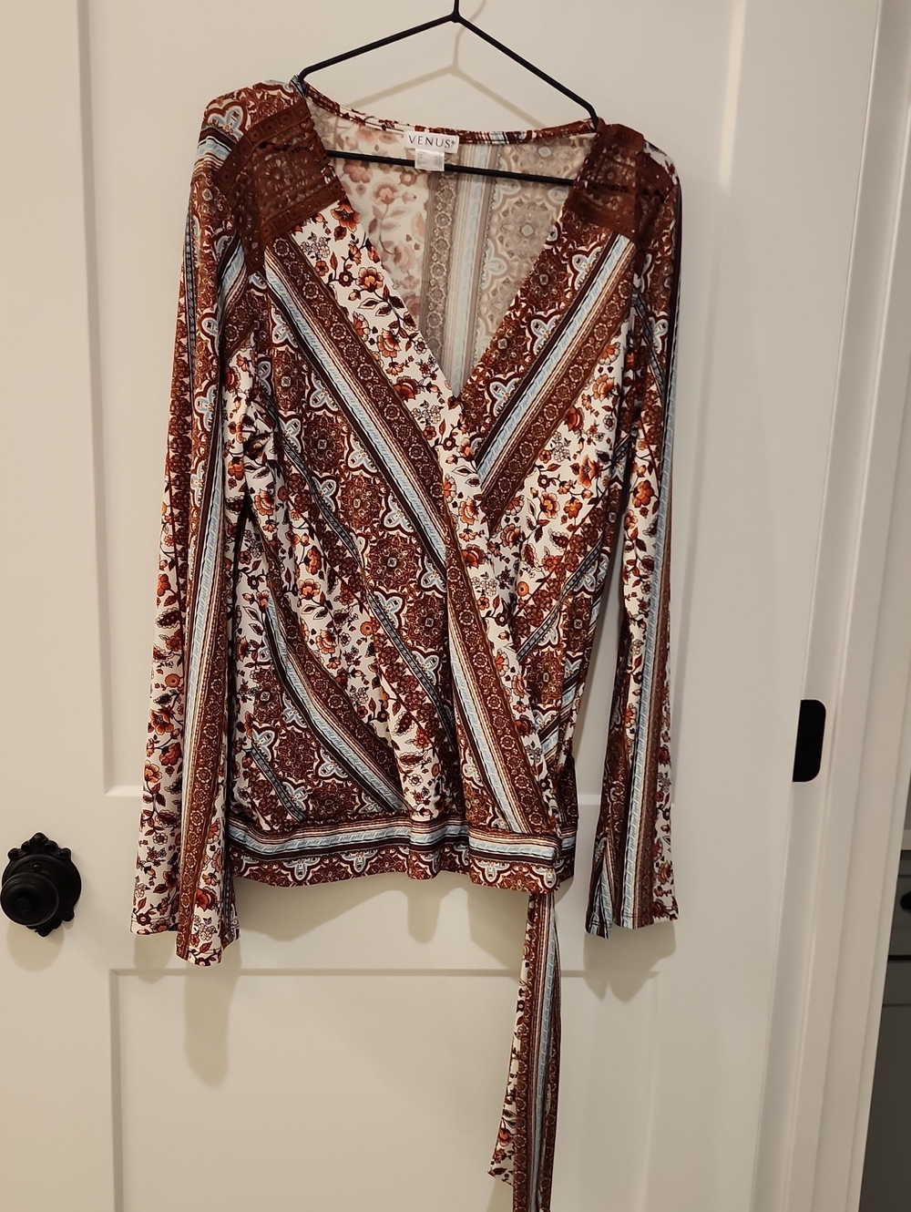 VENUS Brown and White Floral Paisley Wrap Blouse